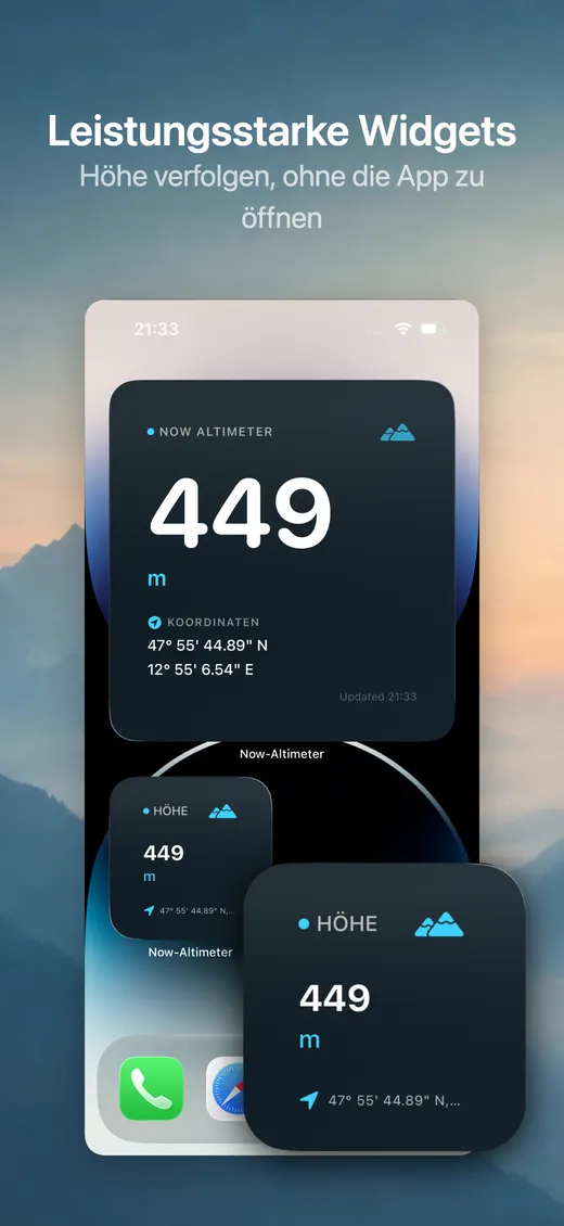 iPhone-Homescreen mit Now Altimeter Widgets in mehreren Größen