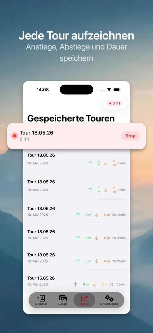 Tour-Aufzeichnungs-Übersicht mit gespeicherten Touren